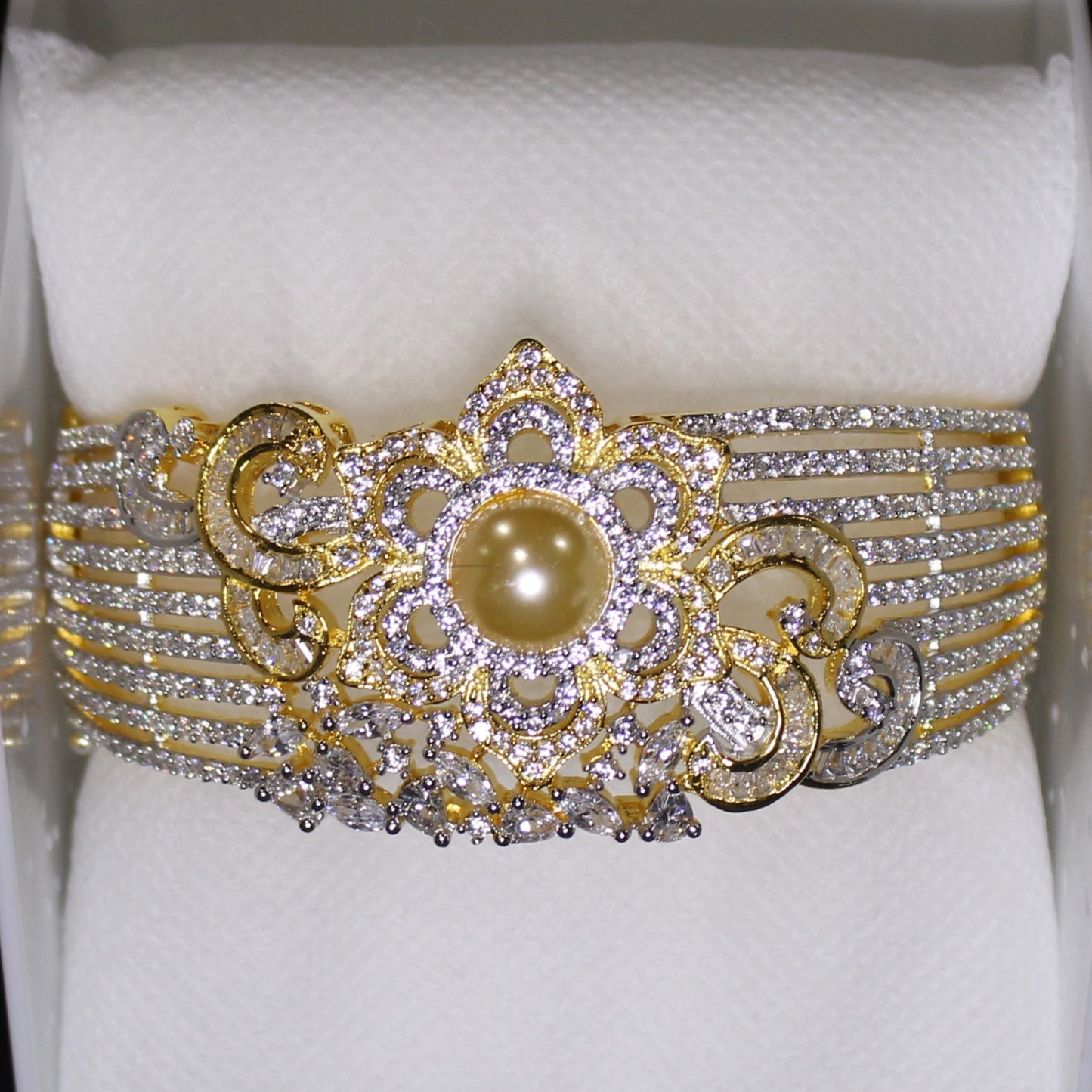 Virginia: Cream Pearl with Diamond Accent Bangle - 18k gold bangle