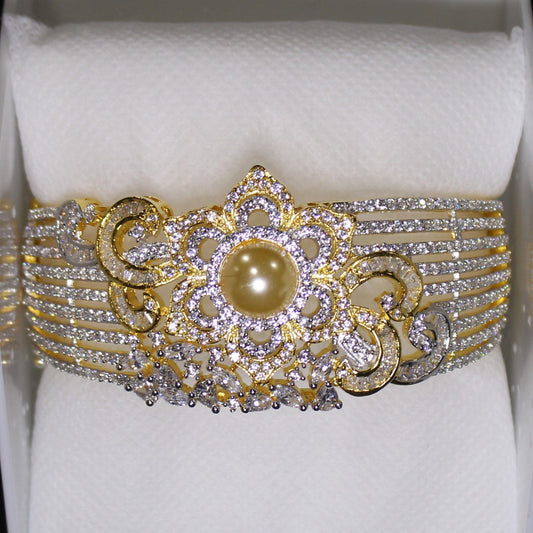 Virginia: Cream Pearl with Diamond Accent Bangle - 18k gold-plated bangle