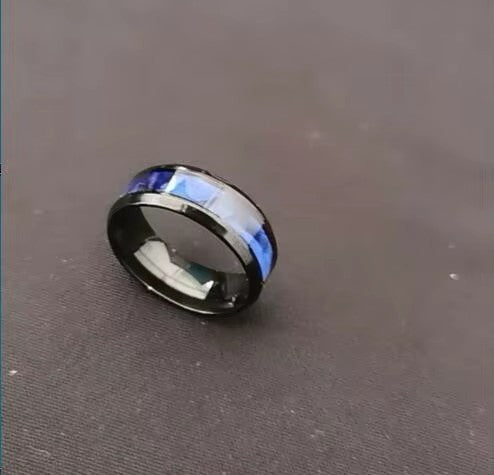 Stainless Steel Tungsten Band Ring - Black with Blue, Green or Red Patterned