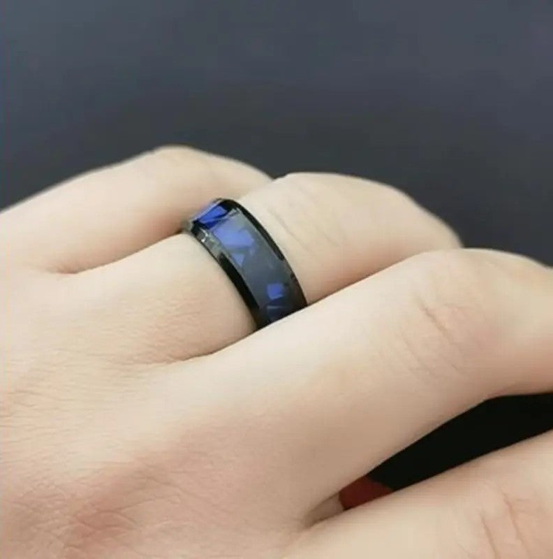 Stainless Steel Tungsten Band Ring - Black with Blue, Green or Red Patterned