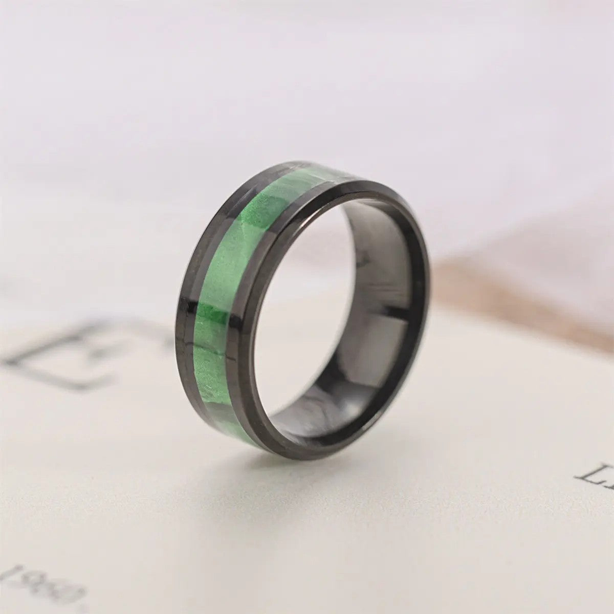 Stainless Steel Tungsten Band Ring - Black with Blue, Green or Red Patterned
