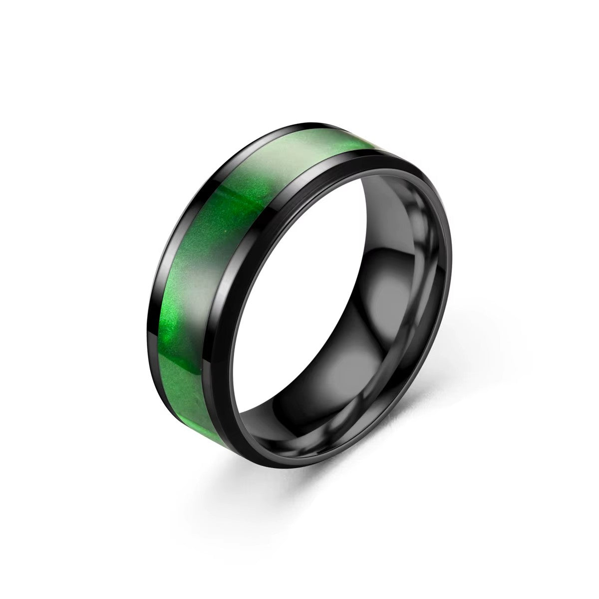 Stainless Steel Tungsten Band Ring - Black with Blue, Green or Red Patterned