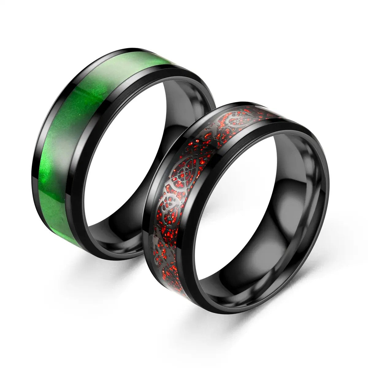 Stainless Steel Tungsten Band Ring - Black with Blue, Green or Red Patterned