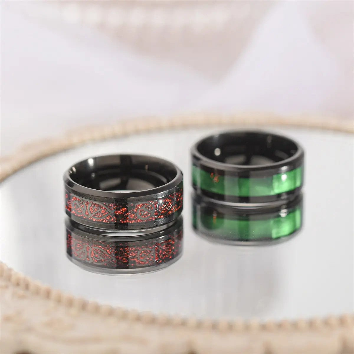 Stainless Steel Tungsten Band Ring - Black with Blue, Green or Red Patterned