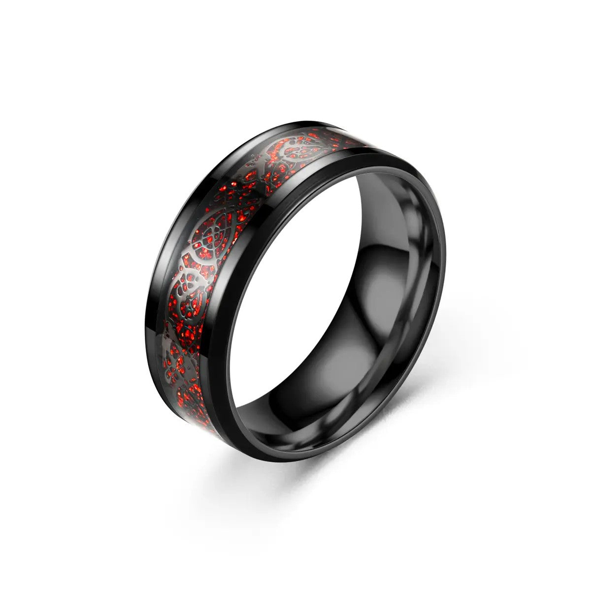 Stainless Steel Tungsten Band Ring - Black with Blue, Green or Red Patterned