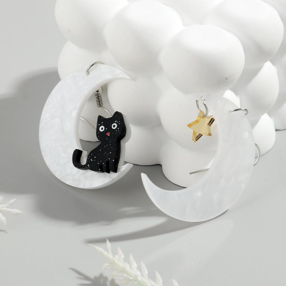 Cat on a Moon Acrylic Halloween Earrings