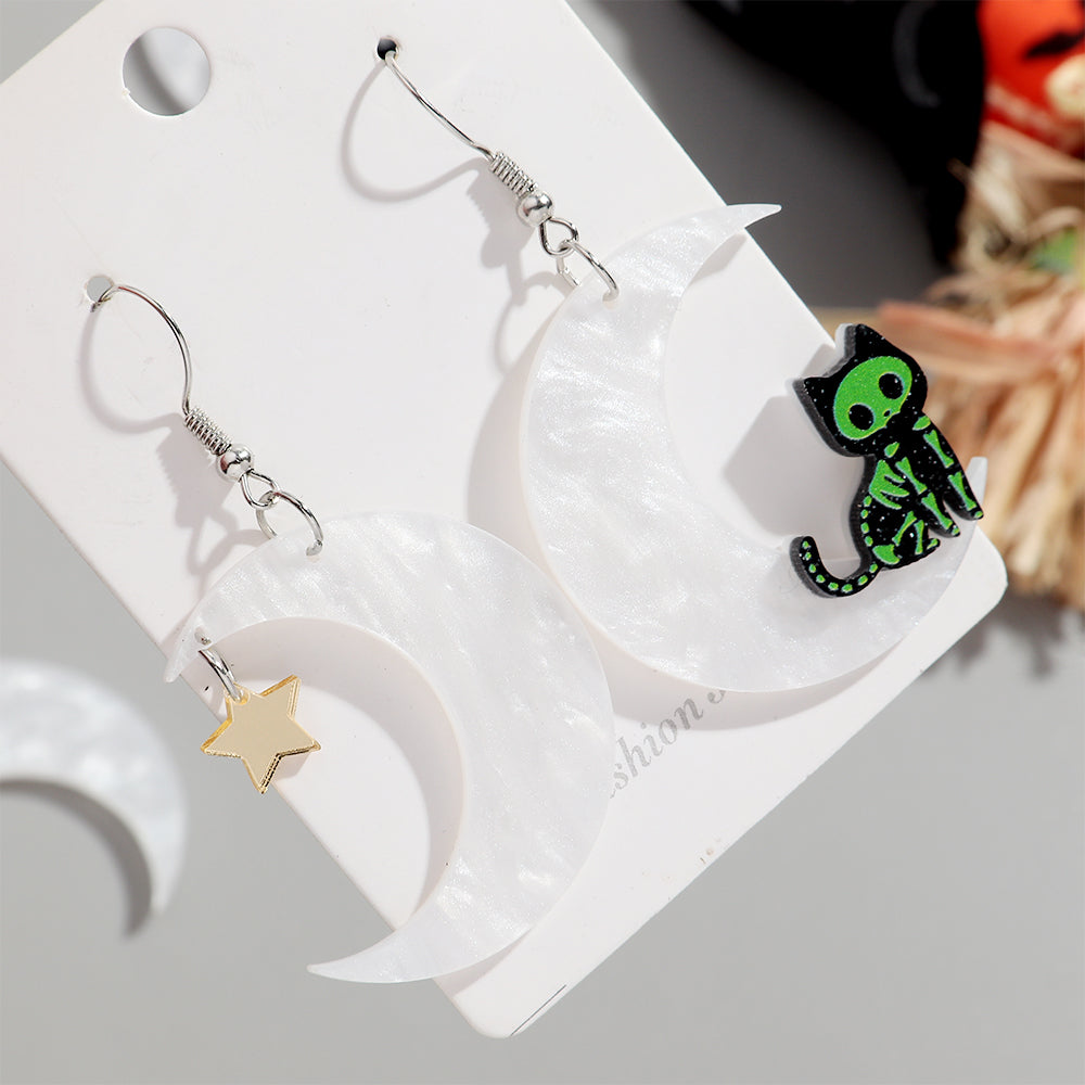 Cat on a Moon Acrylic Halloween Earrings