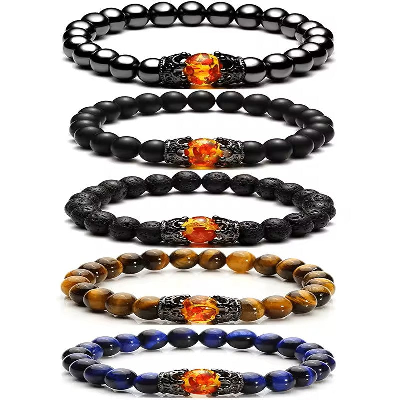 Natural Round Bead Bracelet with Crown and Firestone Accent