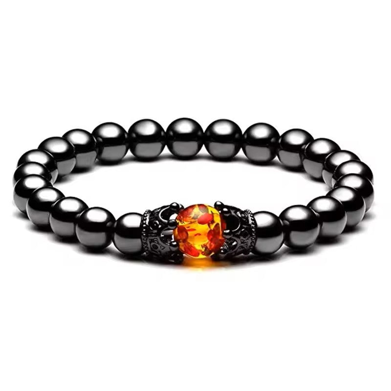 Natural Round Bead Bracelet with Crown and Firestone Accent