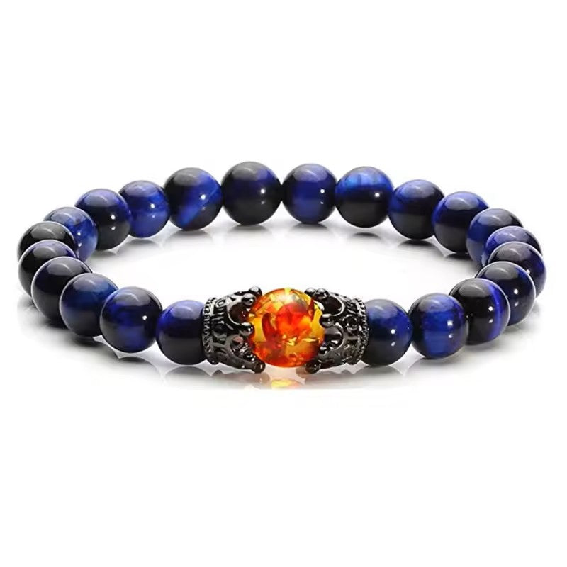 Natural Round Bead Bracelet with Crown and Firestone Accent
