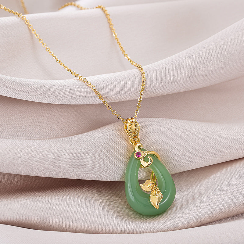 18k Gold-plated Stainless Steel Oval Jade Lotus Buckle Pendant Necklace