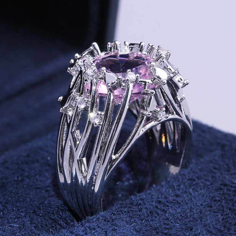 Silver-plated Oval Pink Cubic Zironia Statement Ring