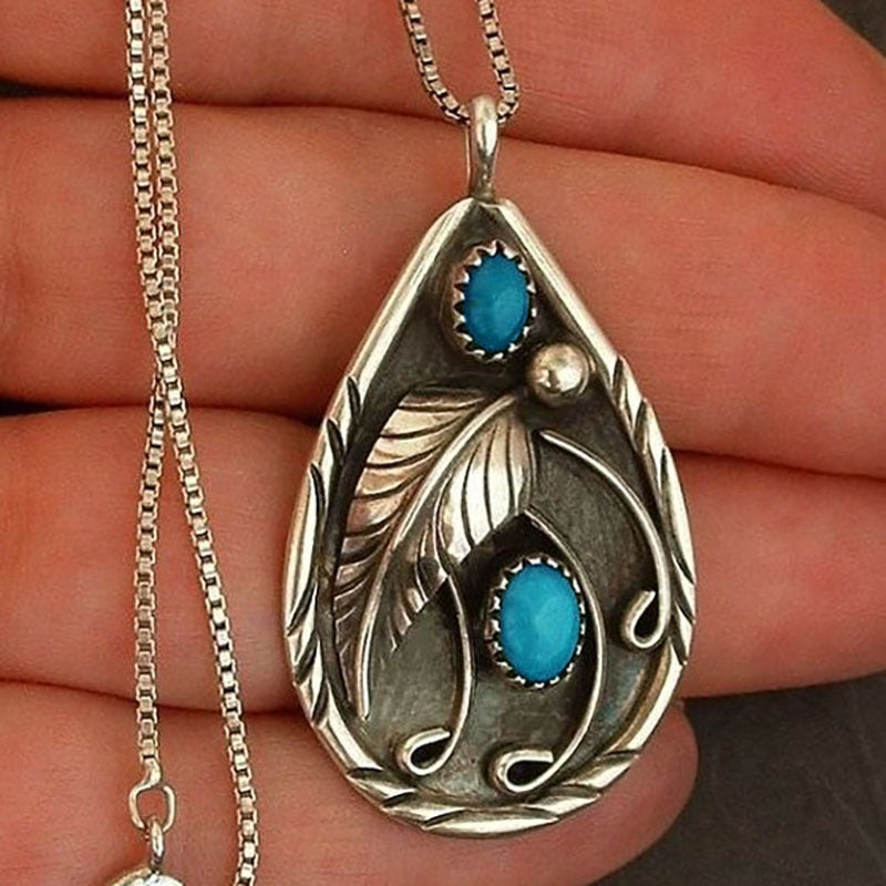 Teardrop Leaf and Blue Stone Silver-plated Necklace