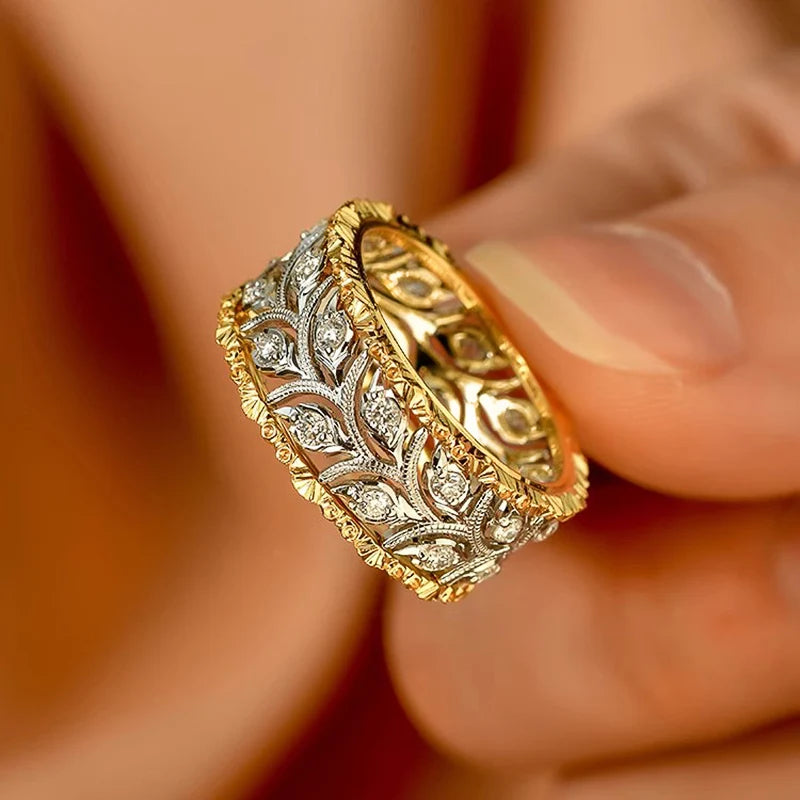 Two-tone Gold-Plated Leaf Design Band Ring