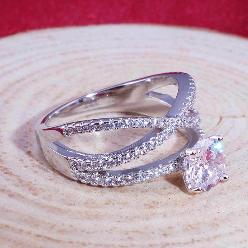 Silver-plated Cubic Zirconia Solitaire with Pave X Band Ring