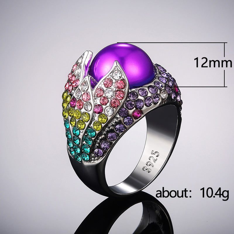 Silver-plated Purple Cabachon Bead with Colorful Cubic Zirconia Pave *** Sizes 6 - 10 ***