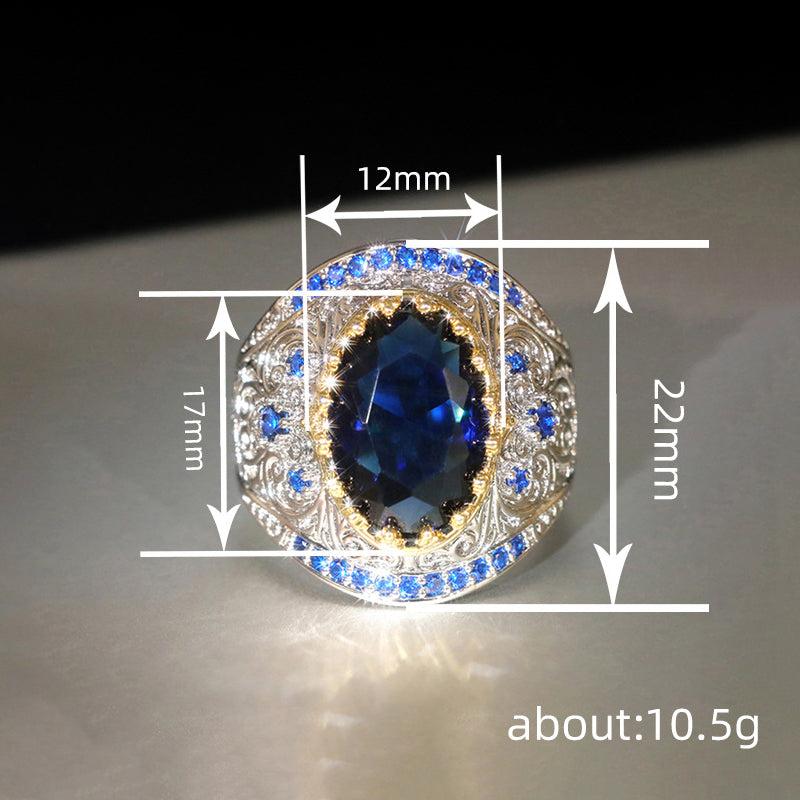 Silver-plated Sapphire Blue Oval Cubic Zirconia Signet Statement Ring
