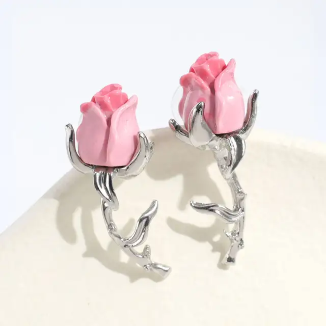 Pink Rosebud Earrings (Stainless Steel)