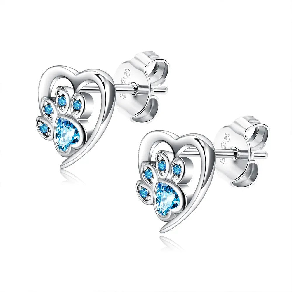 Rhodium-plated .925 Sterling Cat Paw Print Heart Gemstone Earrings
