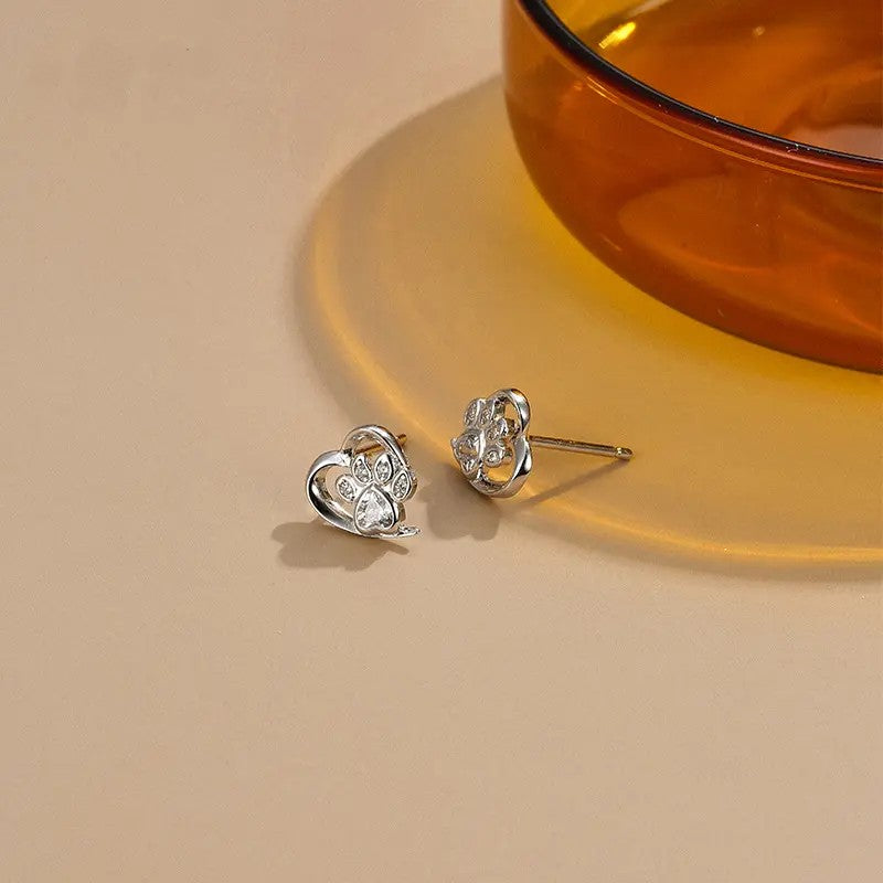 Rhodium-plated .925 Sterling Cat Paw Print Heart Gemstone Earrings
