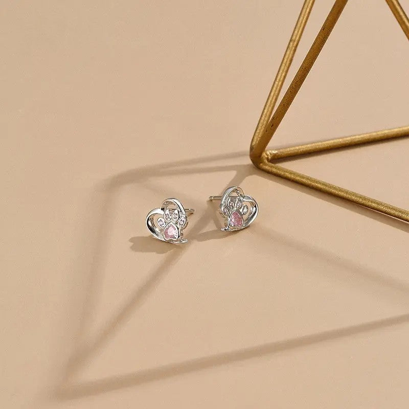 Rhodium-plated .925 Sterling Cat Paw Print Heart Gemstone Earrings