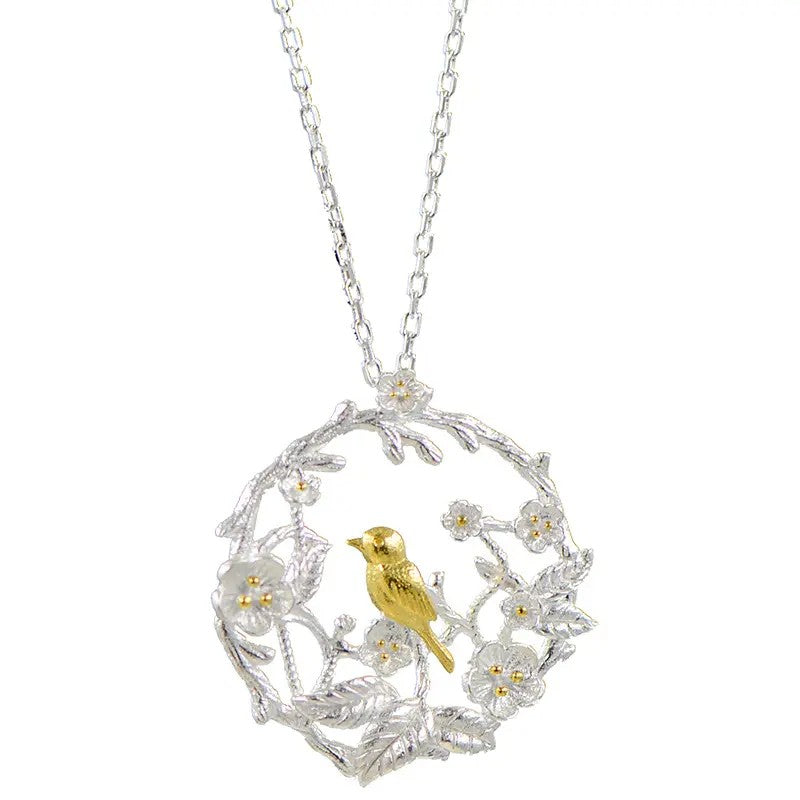 Rhodium-plated .925 Sterling Silver Bird in Floral Wreath Necklace