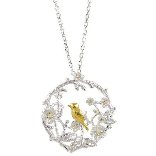 Rhodium-plated .925 Sterling Silver Bird in Floral Wreath Necklace