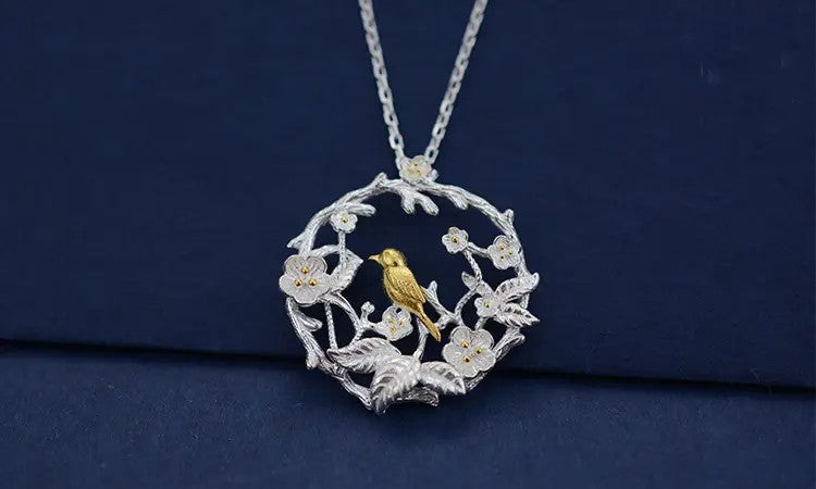 Rhodium-plated .925 Sterling Silver Bird in Floral Wreath Necklace