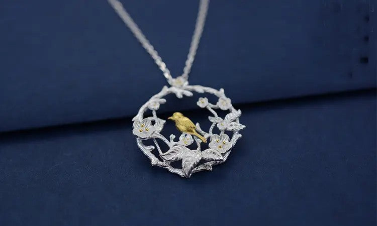 Rhodium-plated .925 Sterling Silver Bird in Floral Wreath Necklace