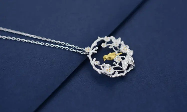 Rhodium-plated .925 Sterling Silver Bird in Floral Wreath Necklace