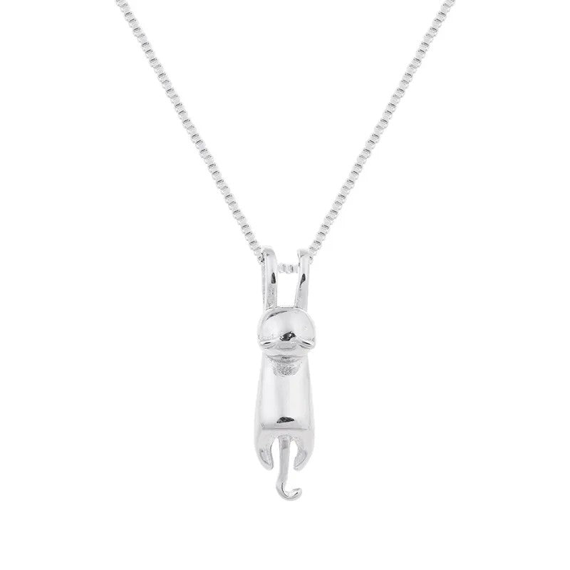 Rhodium-plated .925 Sterling Silver "Hanging" Cat Necklace
