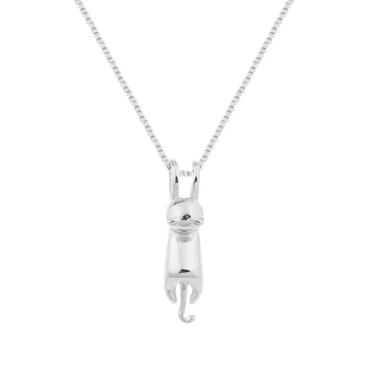 Rhodium-plated .925 Sterling Silver "Hanging" Cat Necklace