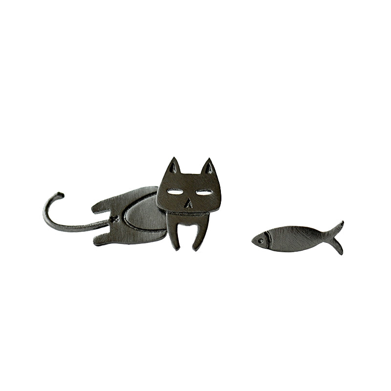 .925 Sterling Cat and Fish Stud Earrings in Silver or Black Plated