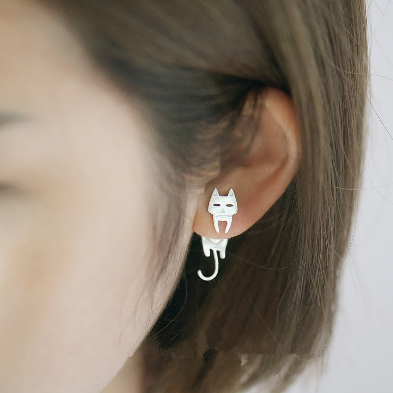 .925 Sterling Cat and Fish Stud Earrings in Silver or Black Plated
