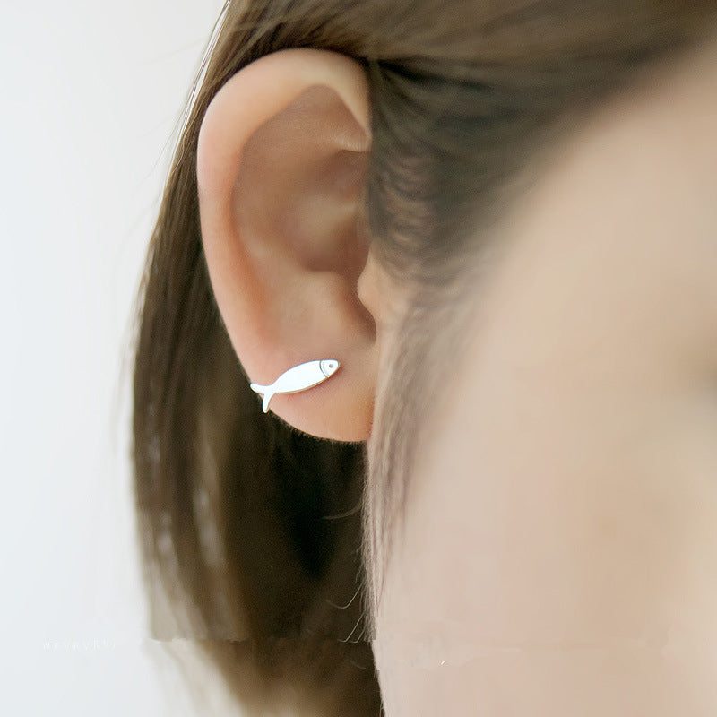 .925 Sterling Cat and Fish Stud Earrings in Silver or Black Plated