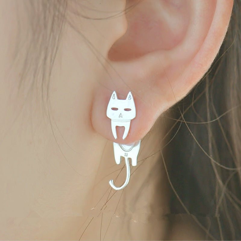 .925 Sterling Cat and Fish Stud Earrings in Silver or Black Plated