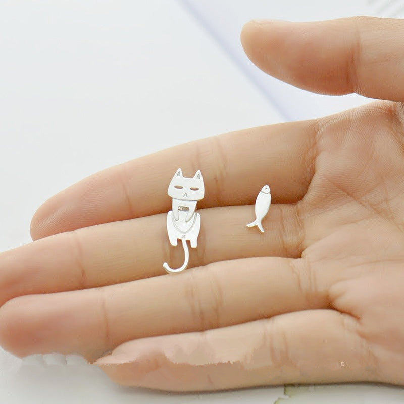 .925 Sterling Cat and Fish Stud Earrings in Silver or Black Plated