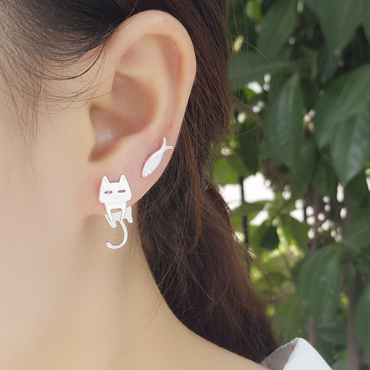 .925 Sterling Cat and Fish Stud Earrings in Silver or Black Plated