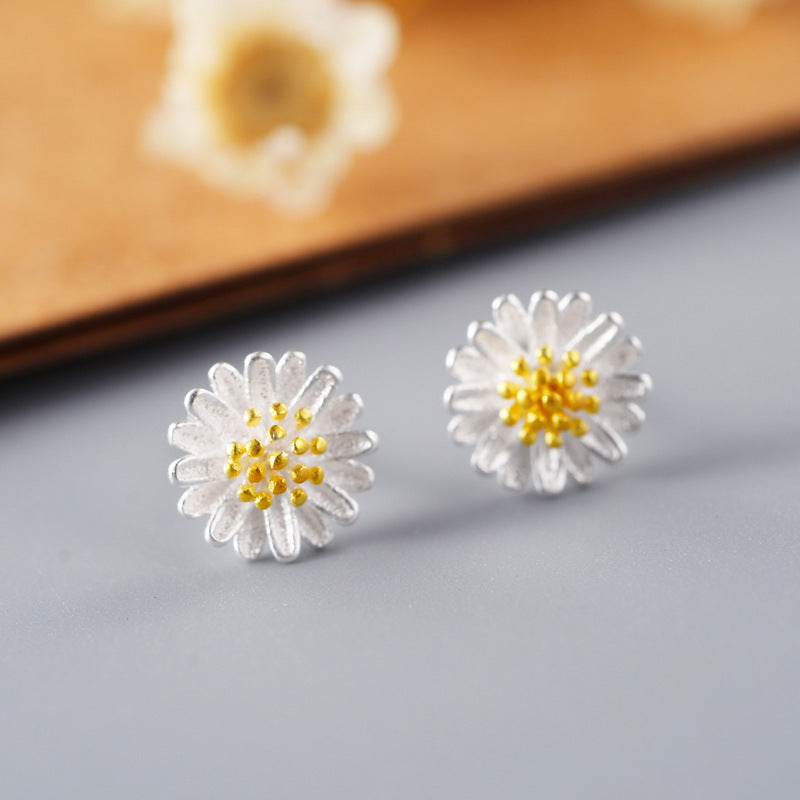 .925 Sterling Daisy Stud Earrings with gold-plated center