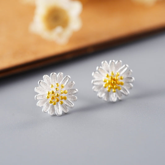 .925 Sterling Daisy Stud Earrings with gold-plated center