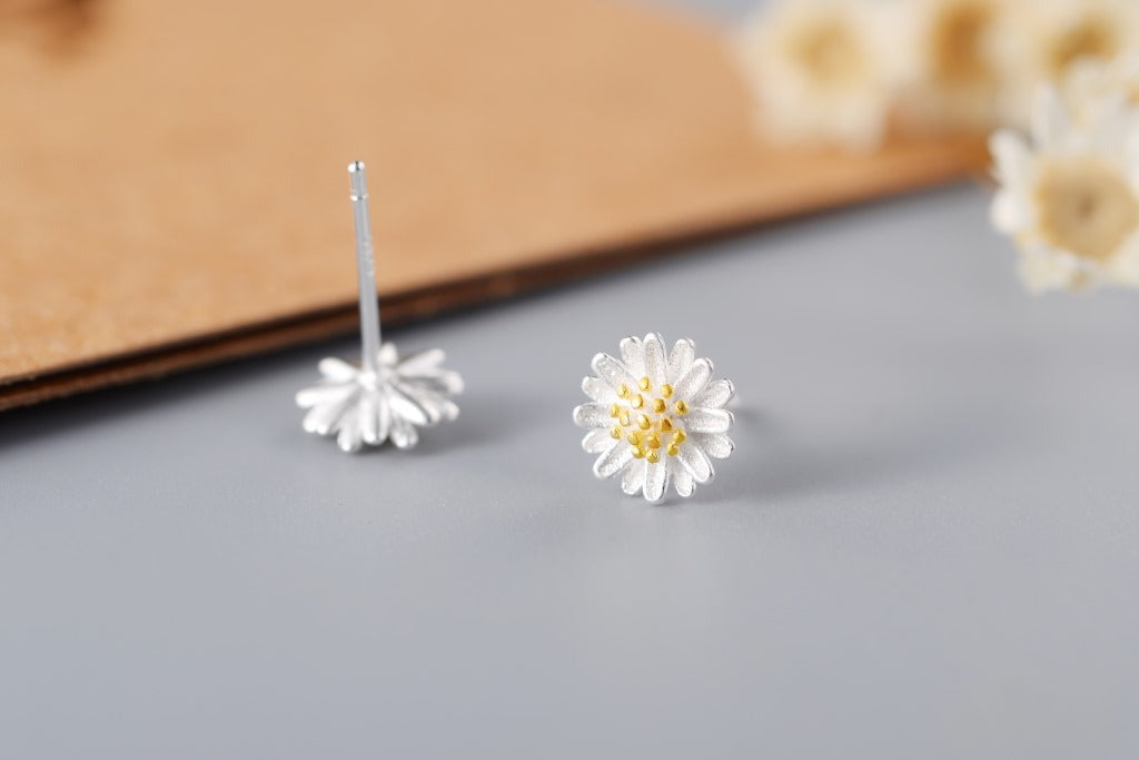 .925 Sterling Daisy Stud Earrings with gold-plated center