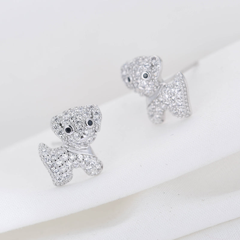 .925 Sterling Silver Puppy Stud Earrings with CZ accents