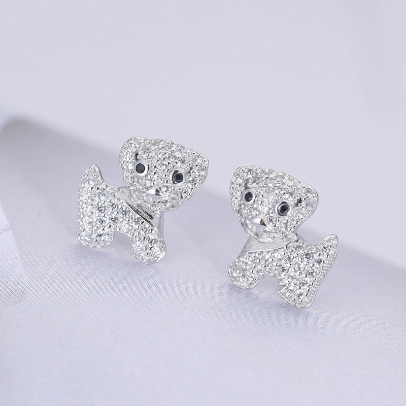 .925 Sterling Silver Puppy Stud Earrings with CZ accents