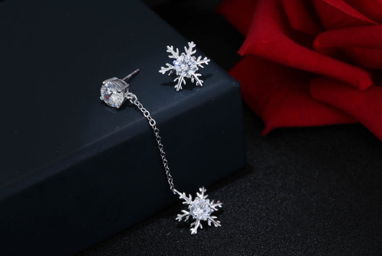 .925 Sterling Silver Snowflake Assymetrical Stud and Drop Earrings
