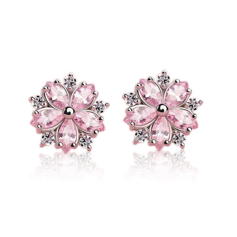 .925 Sterling Pink CZ Flower Stud Earrings