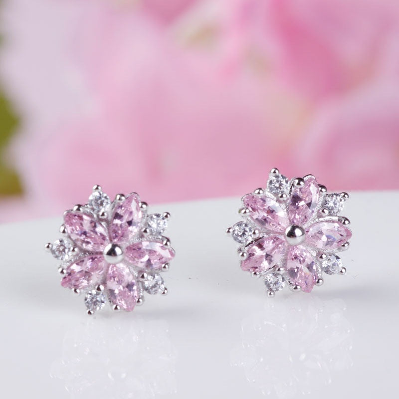 .925 Sterling Pink CZ Flower Stud Earrings