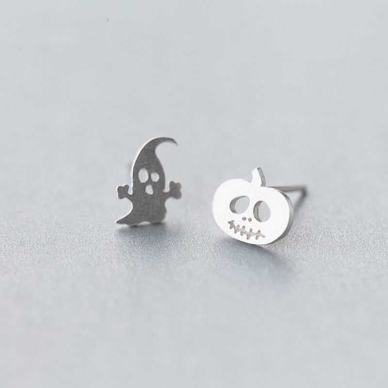 .925 Sterling Silver Assymetrical Ghost and Pumpkin Earrings