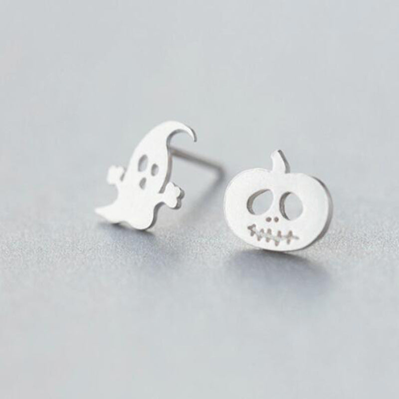.925 Sterling Silver Assymetrical Ghost and Pumpkin Earrings