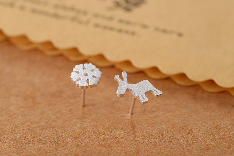 .925 Sterling Silver Deer and Snowflake Assymetrical Earrings