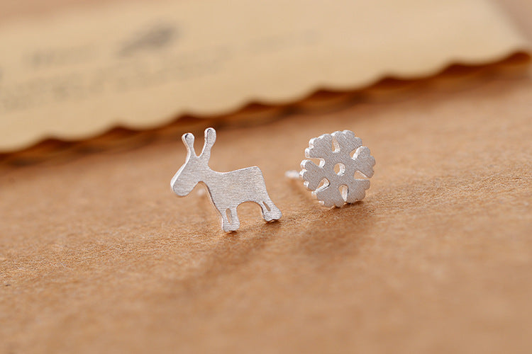 .925 Sterling Silver Deer and Snowflake Assymetrical Earrings